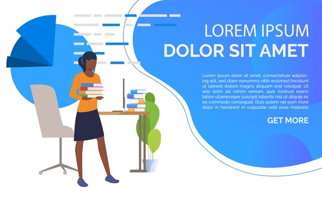 Student standing at desk and holding textbooks stack Free Vector