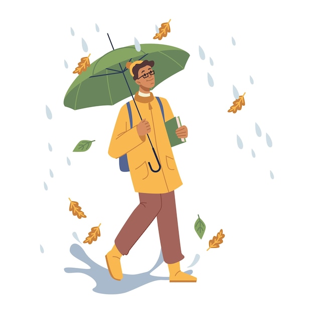 Premium Vector | Student walking under rain fall holding umbrella