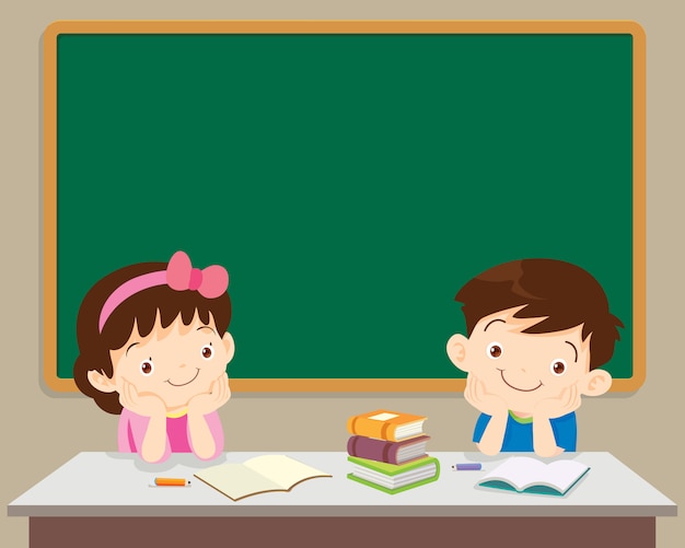 Students boy and girl sitting in front of chockboard Premium Vector