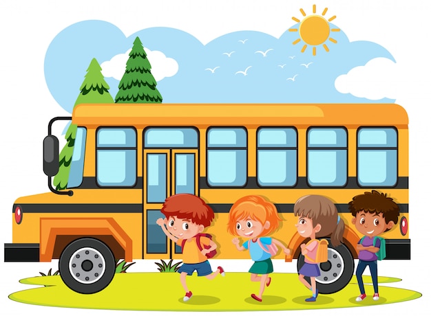 Premium Vector | Students going to school by bus