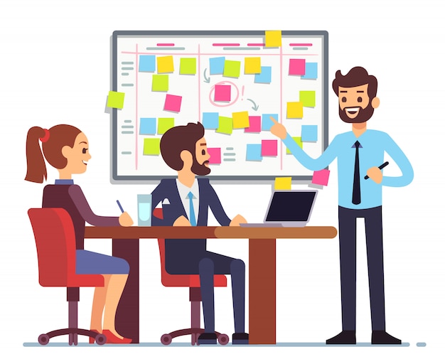 Students team work on tasks process schedule in training room with scrum planning board. Premium Vector