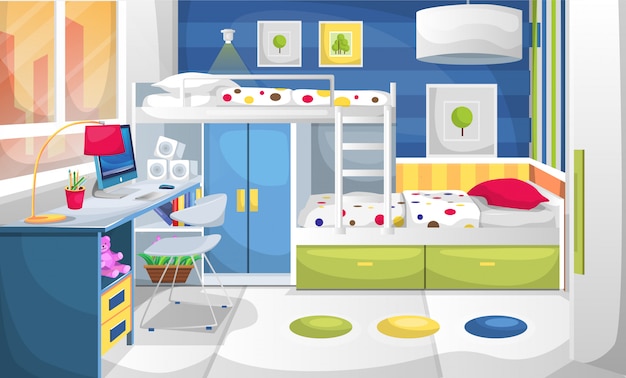 Premium Vector Study And Sleep Room For Kids With Desk Table Computer Wall Painting Wardrobe Desk And Bunk Bed