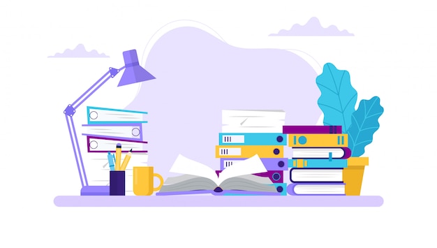 Studying, table with books and different folders. Premium Vector