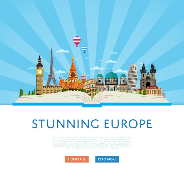 Stunning europe travel template with famous attractions. Premium Vector