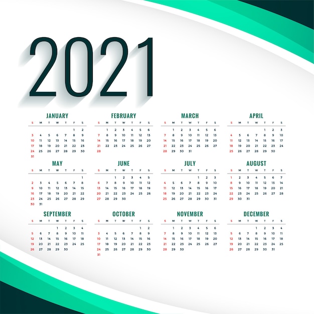 Free Vector Stylish 2021 Modern Calendar Design Template In Turquoise Color