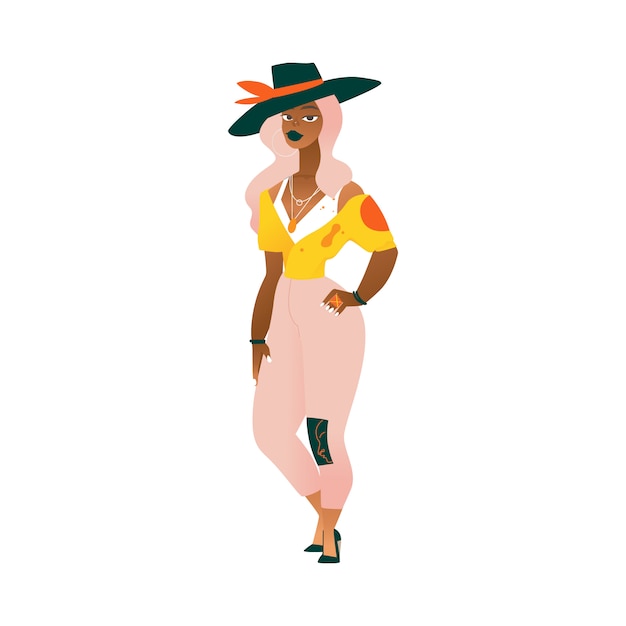 Download Premium Vector | A stylish black african american woman or girl in big hat with pink wavy hair ...