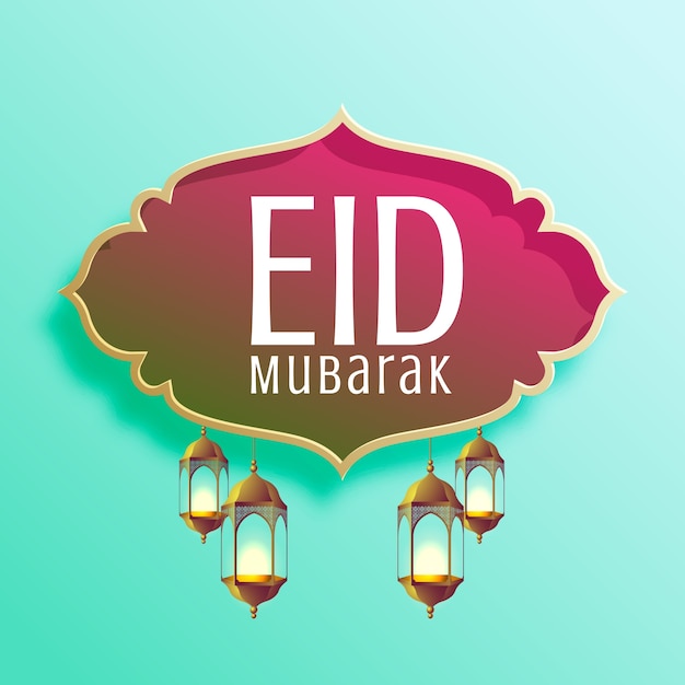 Stylish eid mubarak seasonal background with\
hanging lamps