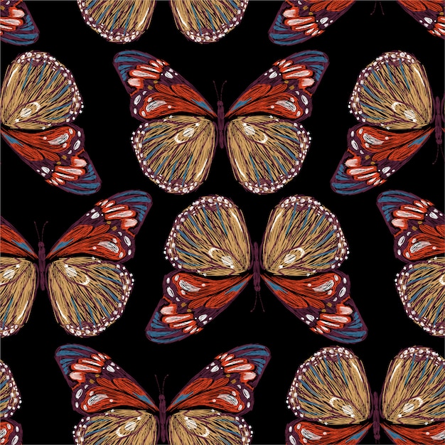 プレミアムベクター イラストのカラフルな蝶のシームレスパターンのスタイリッシュな刺繍