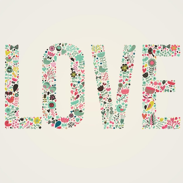 Premium Vector | Stylish floral card love word made of flowers birds ...