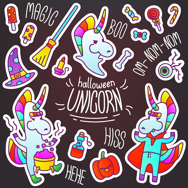 Download Stylish stickers in the halloween theme with a unicorn. a ...