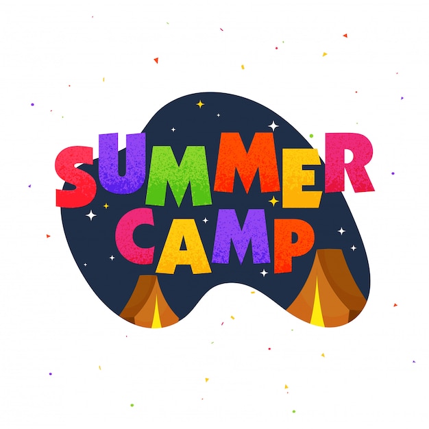 Premium Vector | Stylish text summer camp with tents on night background.