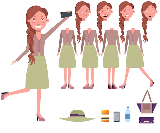 Stylish woman taking selfie character set with different poses Free Vector