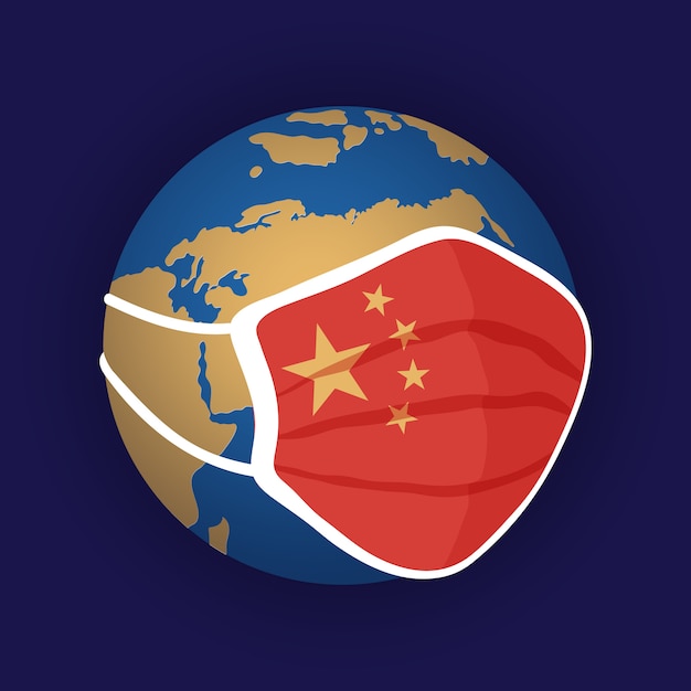 中国の領土に中国の国旗と医療マスクを身に着けている青と黄色の色で様式化された世界 プレミアムベクター