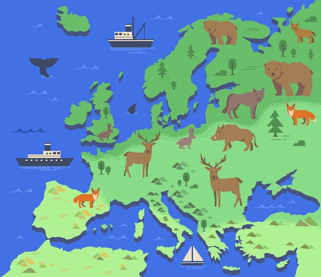 先住民族の動物や自然のシンボルとヨーロッパの様式化された地図 シンプルな地理的地図 図 プレミアムベクター