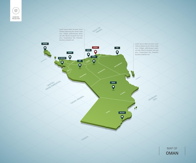 オマーンの様式化された地図 都市 国境 首都マスカット 地域の等尺性3dグリーンマップ プレミアムベクター