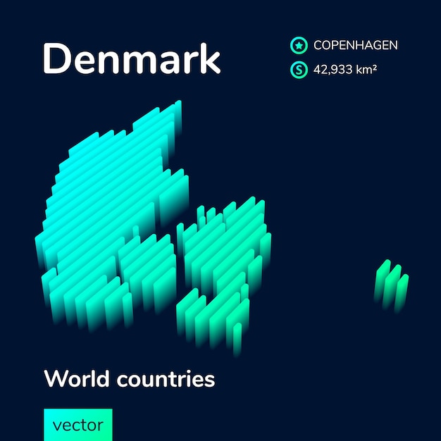 검은색 바탕에 녹색 색상의 양식된 네온 디지털 아이소메트릭 스트라이프 벡터 덴마크 3d 지도 | 프리미엄 벡터