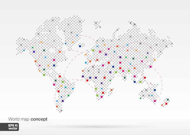 最大の都市と様式化された世界地図のコンセプト グローブビジネス背景 カラフルなイラスト 通信 旅行 輸送 ネットワーク ウェブ用のラインがあります プレミアムベクター