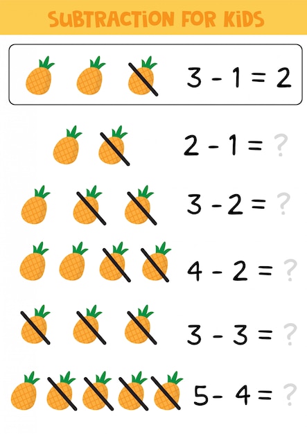 Subtraction for kids with pineapples. | Premium Vector