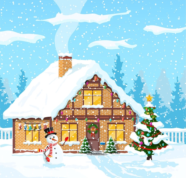 Download Premium Vector Suburban House Covered Snow Building In Holiday Ornament Christmas Landscape Tree Spruce Snowman Happy New Year Decoration Merry Christmas Holiday New Year Xmas Celebration Illustration PSD Mockup Templates