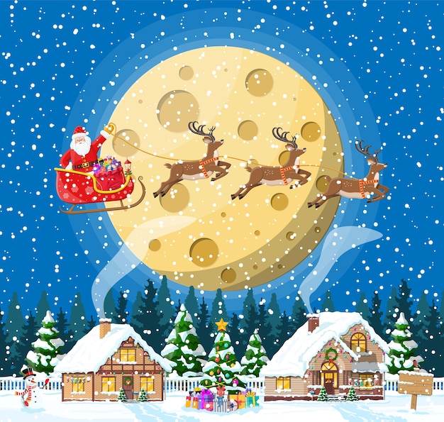 郊外の家は雪をカバーしました 休日の飾りの建物 クリスマス風景ツリー 雪だるま サンタそりトナカイ 正月飾り メリークリスマスの休日のクリスマスのお祝い 図 プレミアムベクター