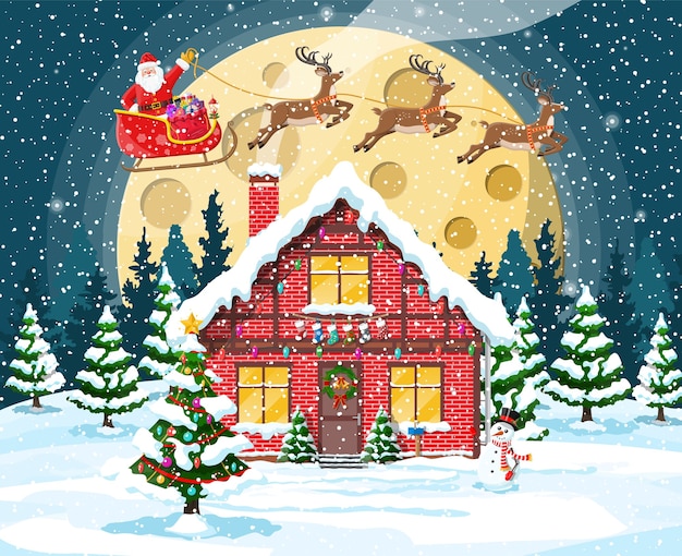 Premium Vector | Suburban house covered snow with moon and trees