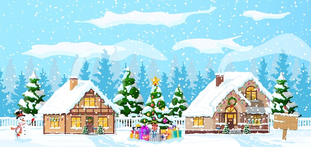 Download Premium Vector Suburban Houses Covered Snow Building In Holiday Ornament Christmas Landscape Tree Spruce Snowman Happy New Year Decoration Merry Christmas Holiday New Year Xmas Celebration Illustration PSD Mockup Templates