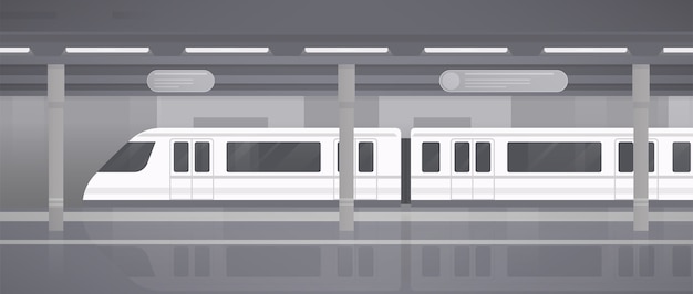 近代的な電車のある地下鉄 地下のプラットフォーム フラットスタイルの水平白黒ベクトルイラスト プレミアムベクター