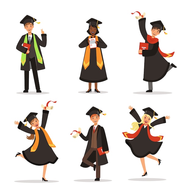 Success and happy students. graduation in different countries. vector characters. graduation educati Premium Vector