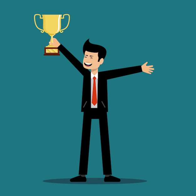 Premium Vector | Successful man holds a cup of the winner