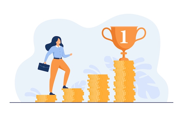 Successful woman climbing stairs from stacks of coins flat illustration. Free Vector