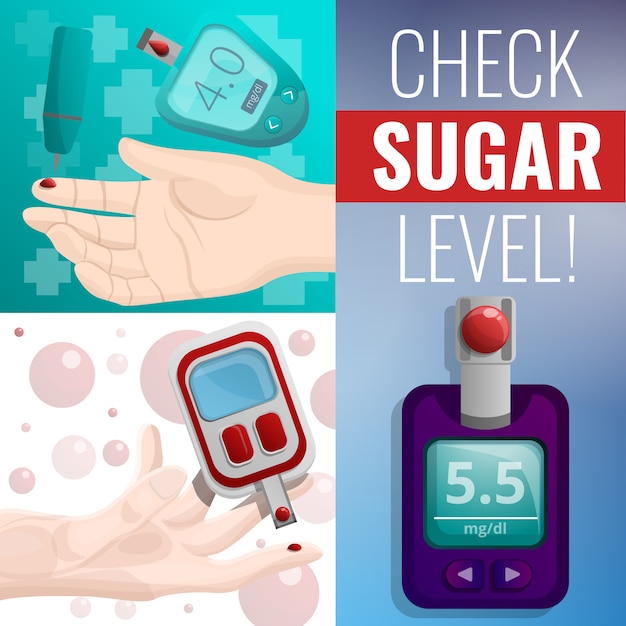 Sugar glucose meter banner set, cartoon style Premium Vector
