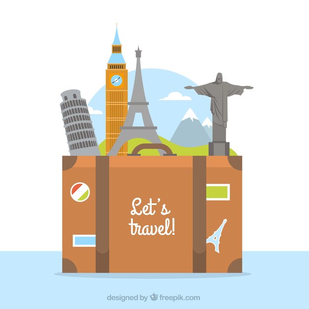 Suitcase with landmarks in flat style | Free Vector