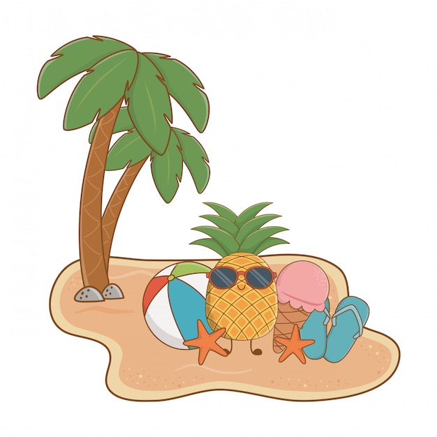 かわいいパイナップルキャラクターの夏とビーチの島 プレミアムベクター