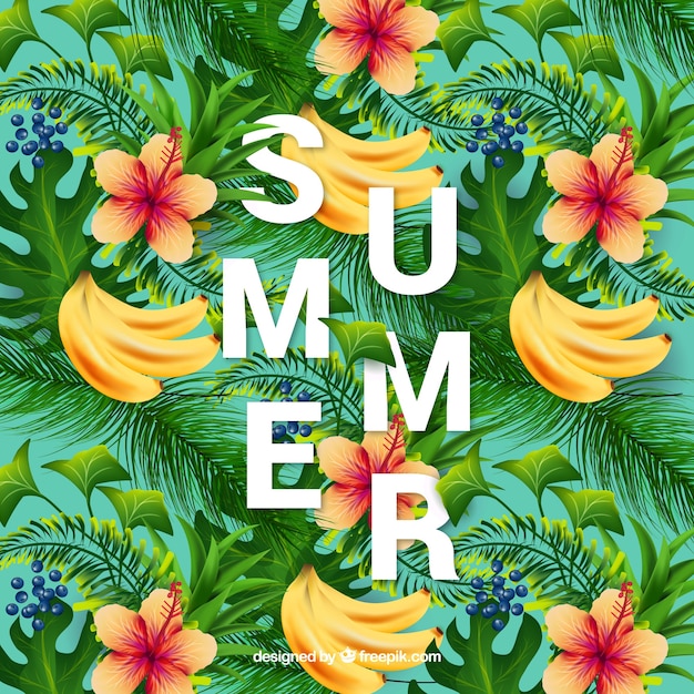 Summer background of bananas and flowers