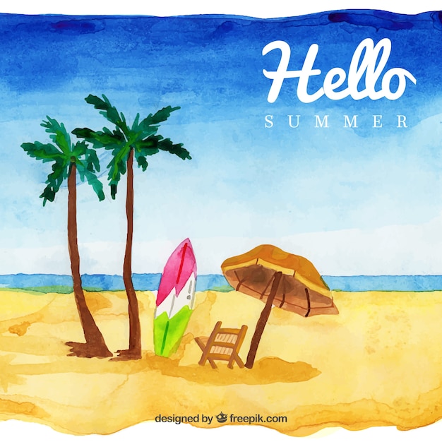 Summer background with beach view in watercolor\
style