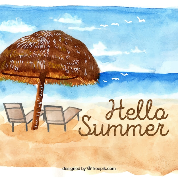 Summer background with beach view in watercolor\
style