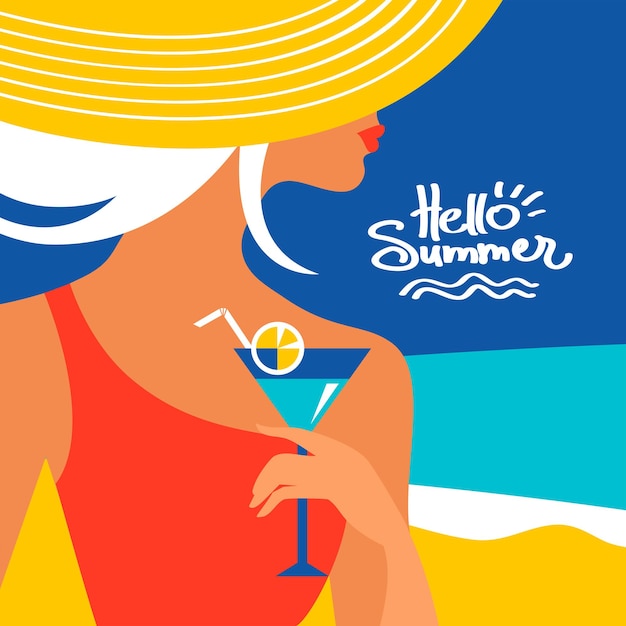 Premium Vector Summer Background With Beautiful Woman Silhouette At The Seaside Vector