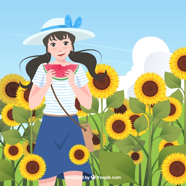 Summer background with girl in field of\
sunflowers