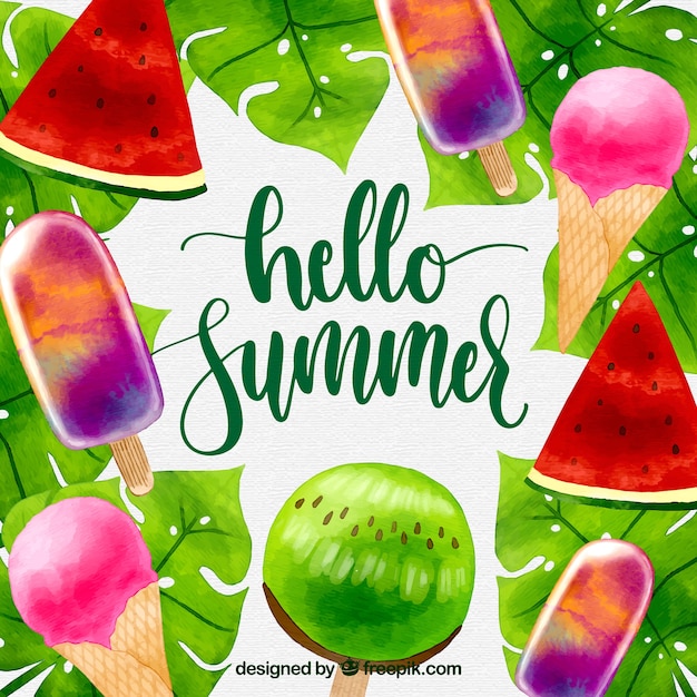 Summer background with ice creams and fruits in\
watercolor style