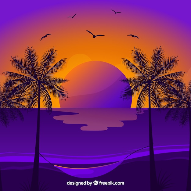 Summer background with palm trees and birds at\
sunset