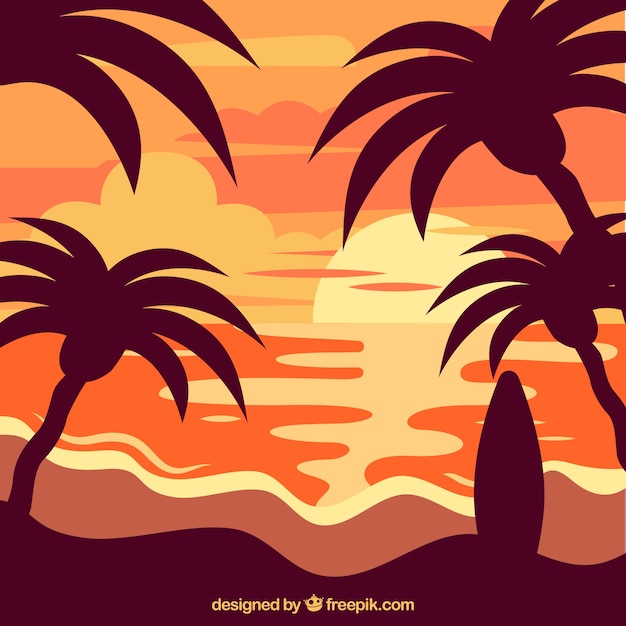 Summer background with sunset and palm\
trees