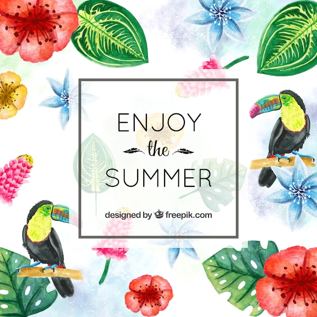 Summer background with tropical flowers and\
watercolor flowers