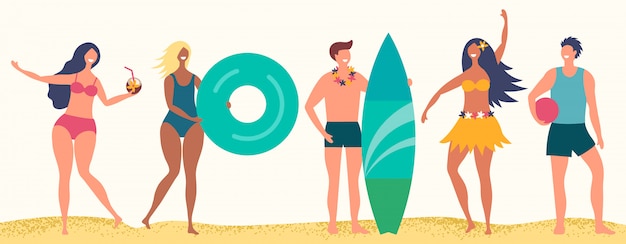 Premium Vector | Summer beach characters. happy boys and girls on sand ...