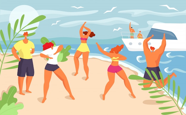 楽しい休暇の休日 イラストで夏のビーチパーティー 若い女の子の男の子のグループは 海 ビキニで幸せな男の女性の人々の近くで踊る 美しいお祝い トロピカルな幸せ プレミアムベクター