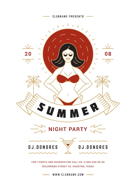 夏のビーチパーティーのチラシやポスターテンプレートのモダンなラインのタイポグラフィスタイルデザイン プレミアムベクター