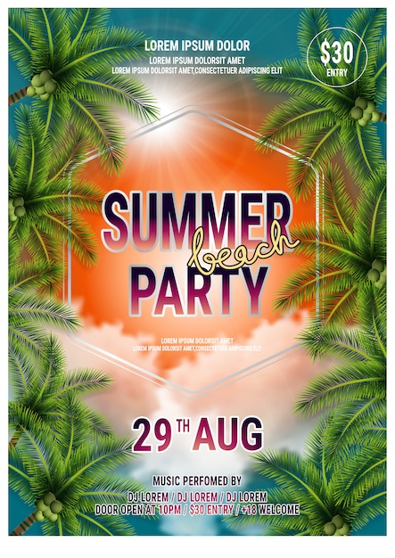 Summer beach party flyer template design with palm trees. vector poster ...