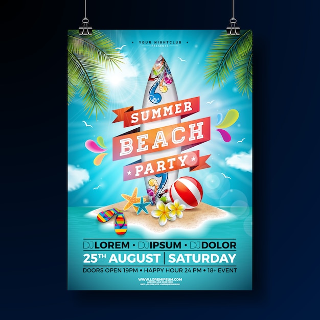 Summer beach party poster template design with flower and surf board. Premium Vector