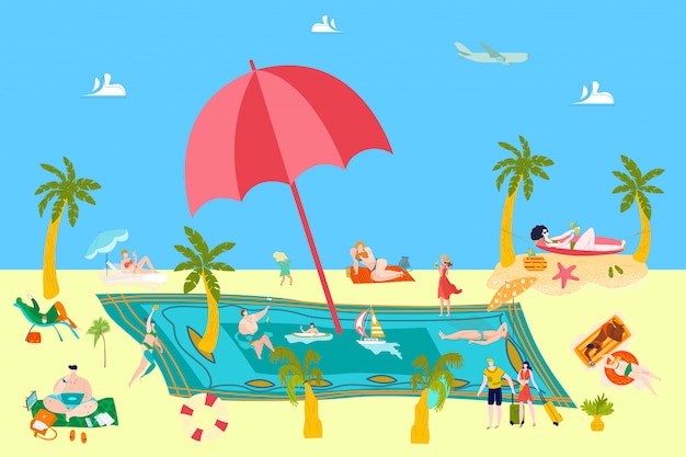 夏のビーチは 日光浴 セーリング 砂 ウォーターリゾートのイラストでセーリングの人々と海の休暇で休みます プレミアムベクター