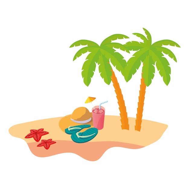 Premium Vector | Summer beach scene with tree palms and straw hat