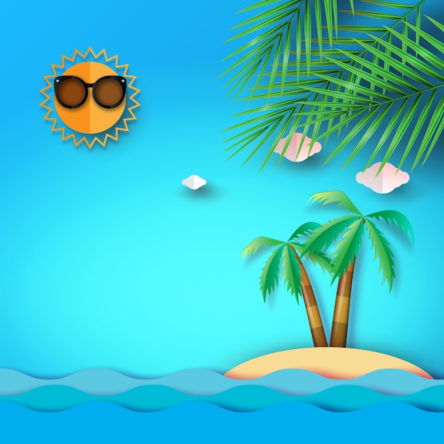 Premium Vector Summer Beach Sea And Island Background With Coconut Tree